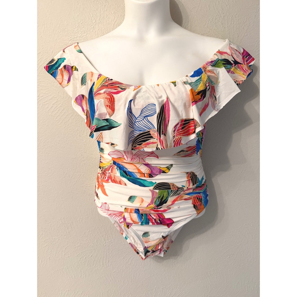 La Blanca Tropical Floral Off Shoulder Ruffle One Piece Swimsuit Lace Up Back
